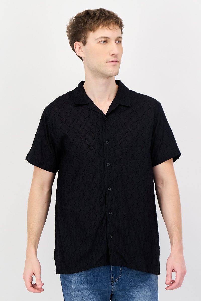 Threadbare Men Regular Fit Short Sleeve Textured Casual Shirt, Black - Image 1